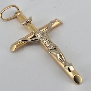14K Yellow Gold Crucifix Cross Pendant Jesus Religious Charm 1g Two-Tone Jewelry